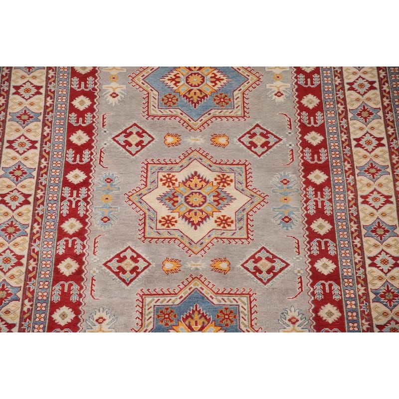 Kazak Area Rug Hand-Knotted Geometric Grey Wool Carpet - 6'9" x 9'8"