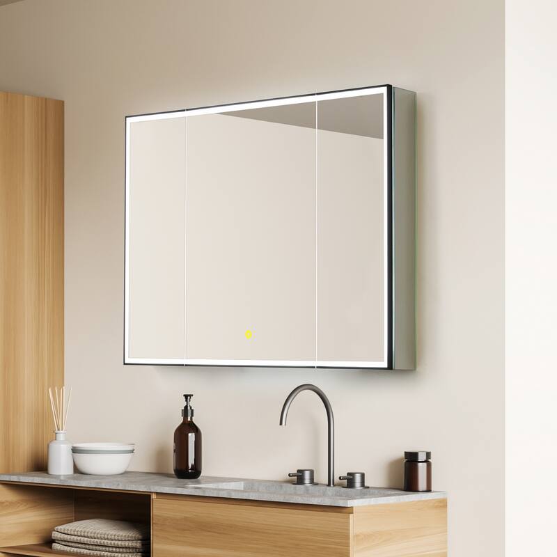 Fenice Rectangular Surface-Mount/Reccessed LED Lighted Bathroom Black Aluminum Mirror Medicine Cabinet