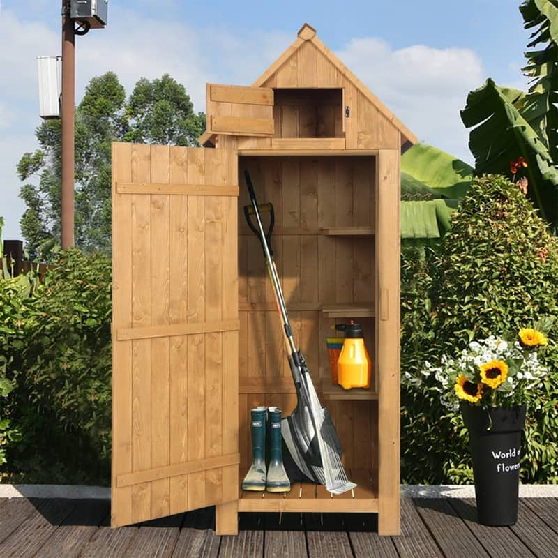 Fir Wood Garden Shed Outdoor Wooden Storage Cabinet with Single Door & Lockers - Wood Color