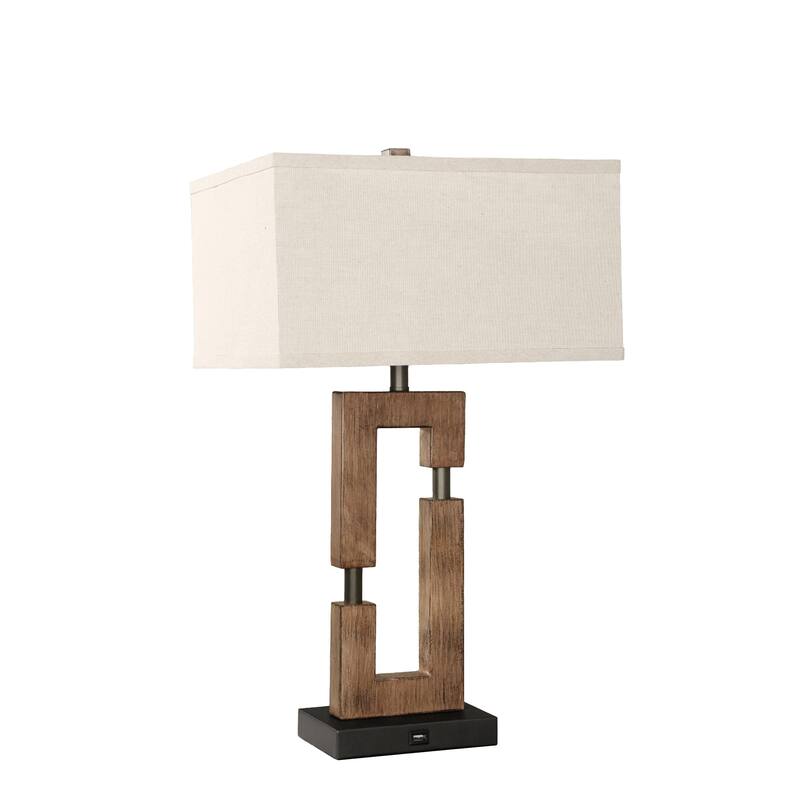 25.9" Wood Table Lamp With Cotton Shade And USB Set of 2