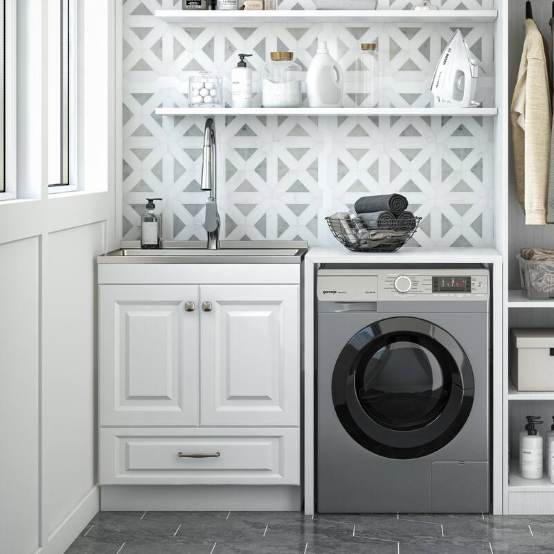 WYNDENHALL Bakersfield Transitional Laundry Cabinet with Faucet and Stainless Steel Sink - 28" W 34.25" H x 19" D