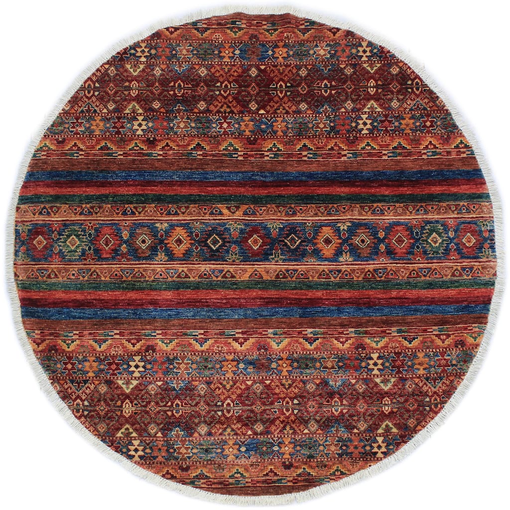 Modern Khurgeen Tawana Red/Blue Hand-knotted Wool Rug - 4'10 x 4'11 - 3'3'' x 3'4''