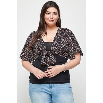Plus Size Polyester Ditsy Floral Print Cropped Bolero Cardigan