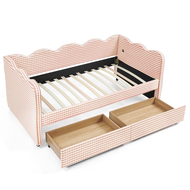 Twin Size Gingham Linen Upholstered Daybed with 2 Storage Drawers, USB Charging Station & Waved Arms