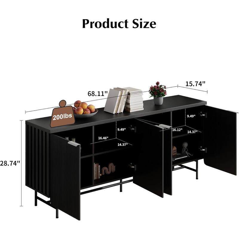 68" Mid Century Fluted TV Console Table Sideboard Cabinet with Cabinets Storage - 68inch