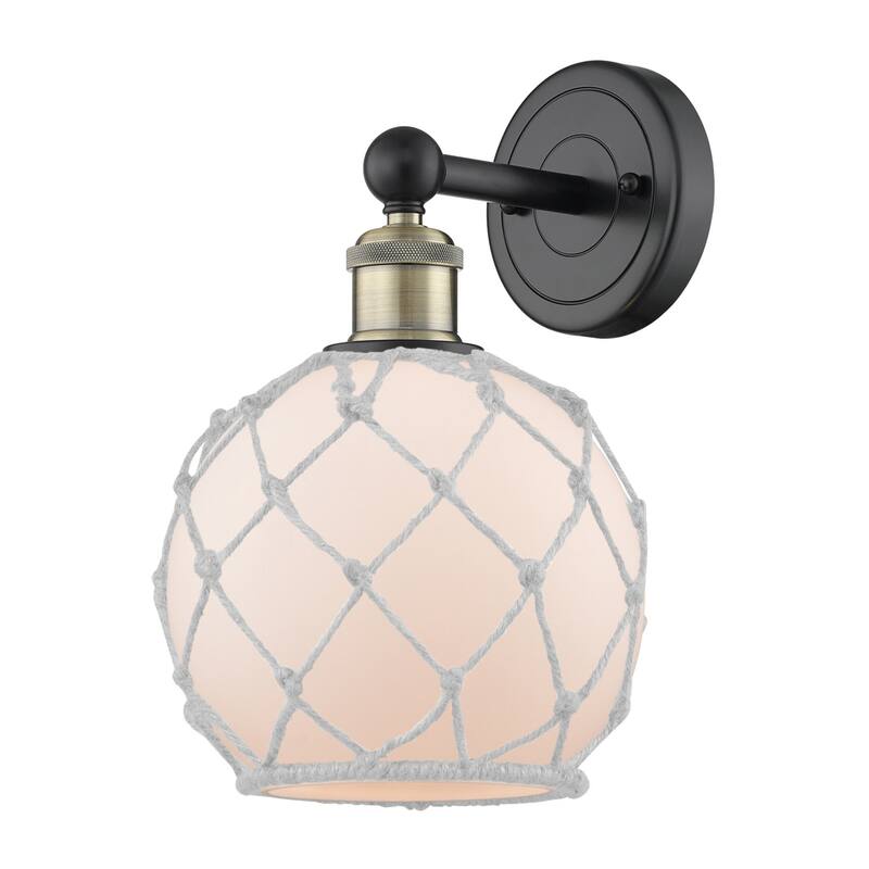 Innovations Lighting 616-1W-13-8 Farmhouse Rope Sconce Farmhouse Rope - Black Antique Brass / White Glass with White Rope
