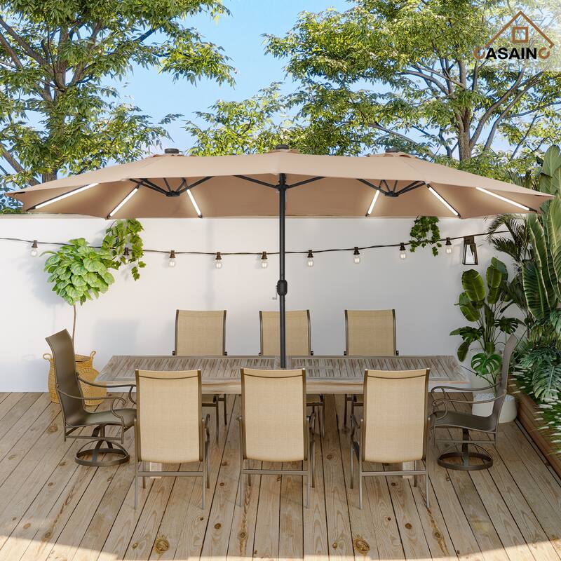 15 ft. Crank Double-sided Solar LED Ultra Lighted Outdoor Market Umbrella with Base Included