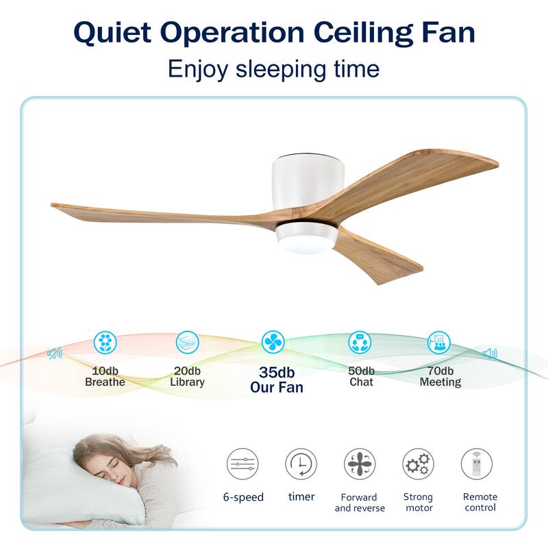 52" Flush Mount Solid Wood Blades Ceiling Fan with Lights Remote Control, Quiet DC Motor, 6 Speed, Reversible Ceiling Fan