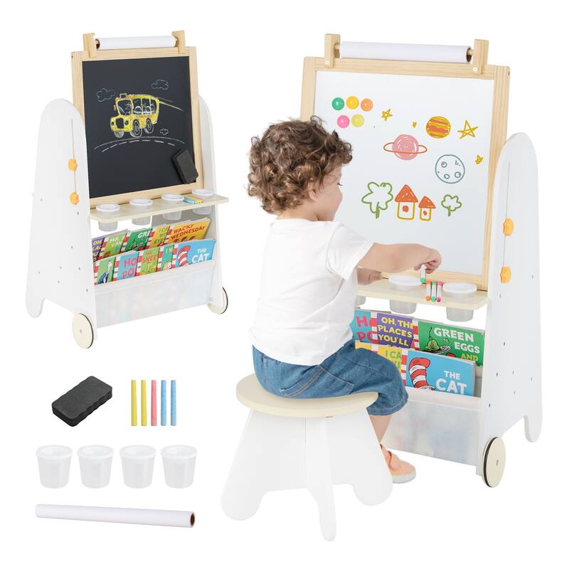 Kids 4 in 1 Art Easel and Desk with Stool Adjustable Height Whiteboard Chalkboard Paper Roll and Storage for Drawing - Natural