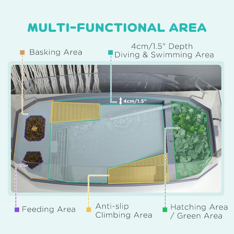 PawHut Turtle Tank Kit, Turtle Aquarium with Basking Platform, Water Pump, Filter Layer Design, Visually Reptile Habitat
