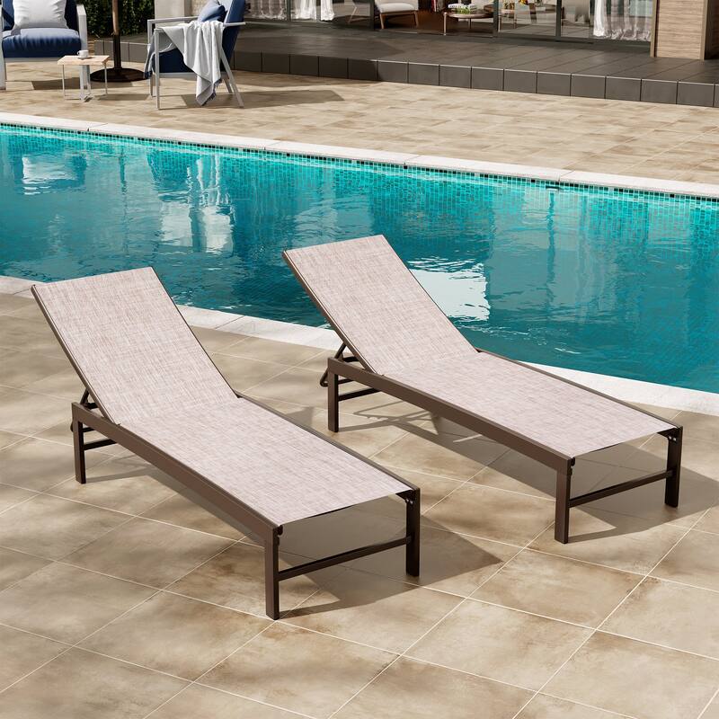 Outdoor Adjustable Aluminum Chaise Lounge Chairs for Patio Pool Terrace - See Picture - Beige  Fabric, Brown Frame