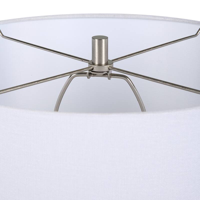 25 Inch Table Lamp, Rattan Woven, White Linen Shade, Brushed Silver Accents