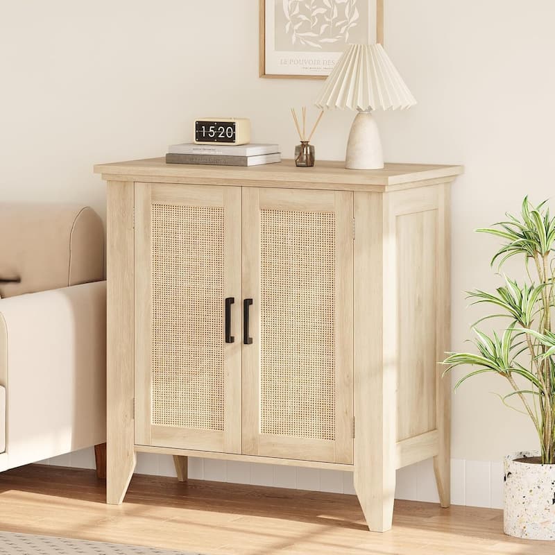 Buffet Kitchen Cabinet, Rattan Small Wardrobe with Door and Shelf - Yellow