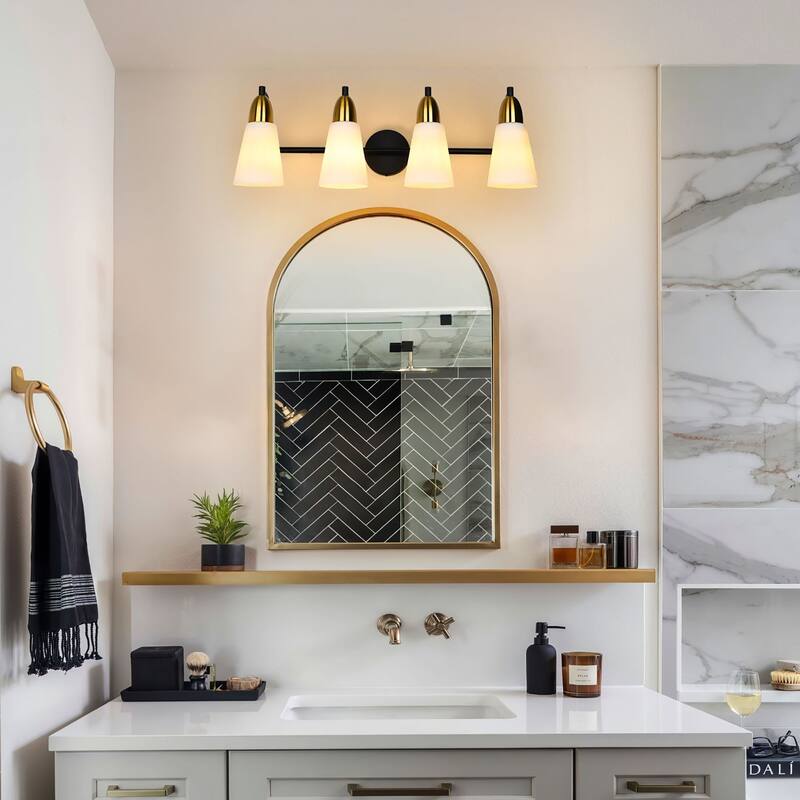 Modern Black Bathroom Vanity Light with Frosted Glass Shades & Gold Accent, Minimalist Wall Sconces