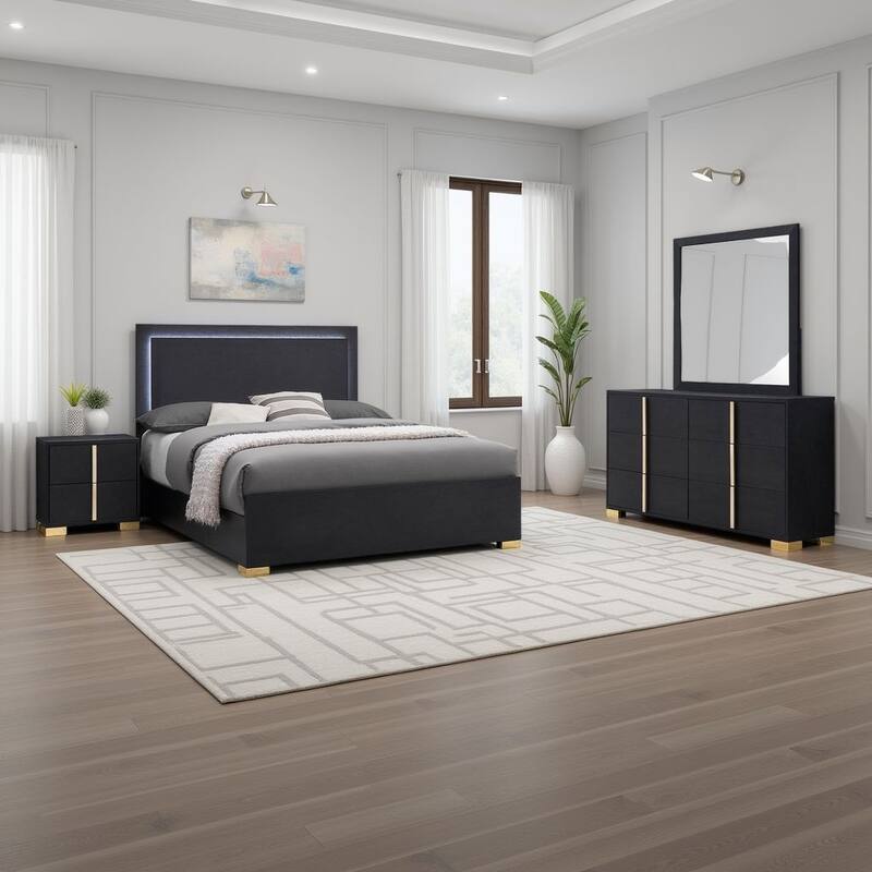 Dex 4pc Queen Bedroom Set with Modern LED Headboard, Mirror, Black
