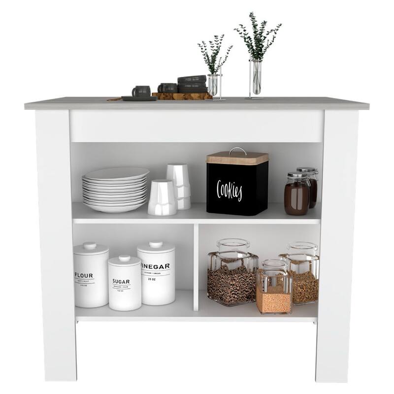 Kitchen Island, kitchen table 35" H, Four Legs, Three Open Storage Shelves - Grey