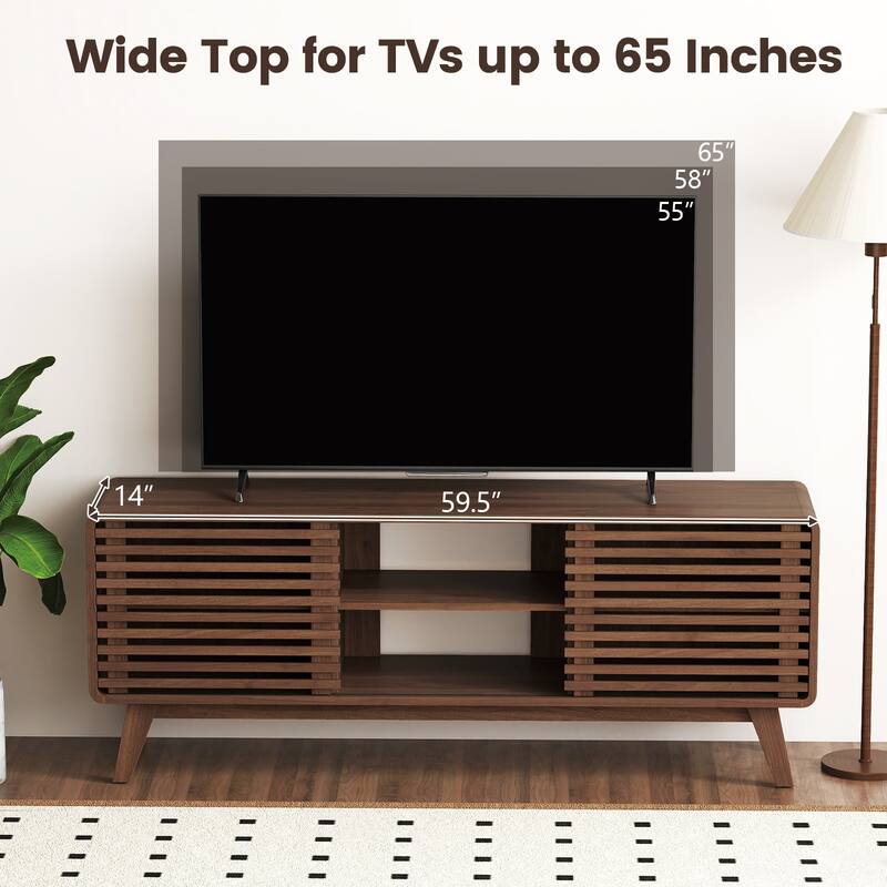 Gymax TV Stand w/Sliding Doors Adjustable Shelves & Rubber Wood Legs