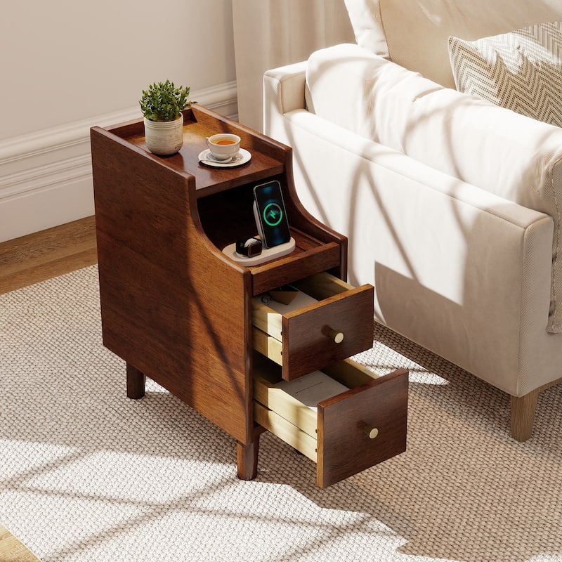 Gymax Solid Wood End Table w/ Pull-out Tray & 2 Storage Drawers Cable