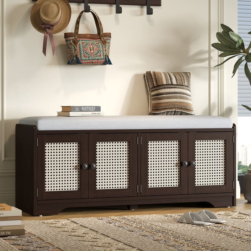 Rustic 47.4" Storage Bench Multifunctional Wooden Entryway Organizer with Removable Cushion and Rattan Doors - Espresso
