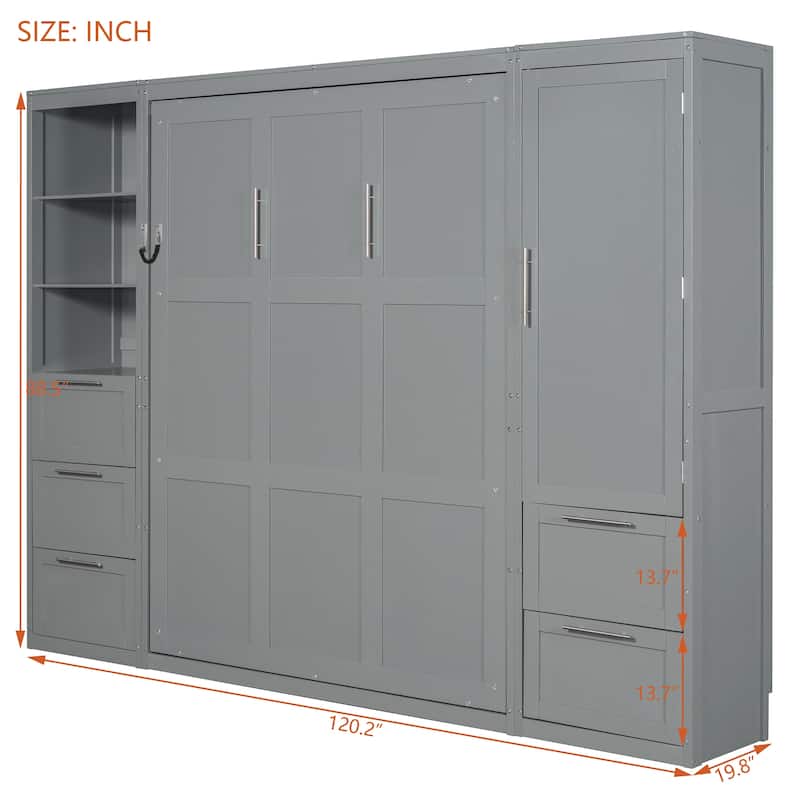 Queen Size Murphy Bed with Closet, Drawers and Shelves - Space Saving Wall Bed with Storage Cabinets