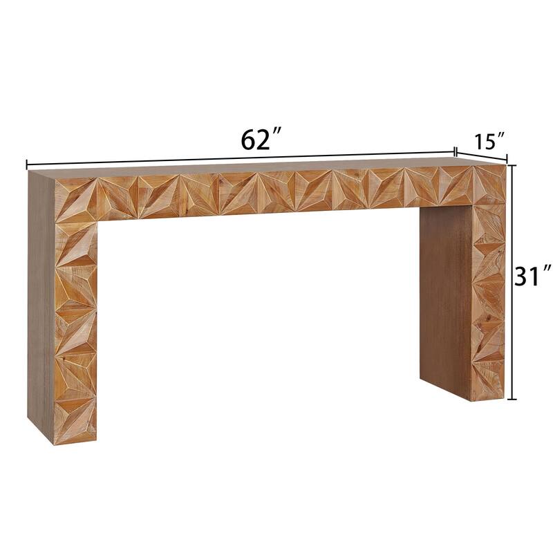 Modern Geometric Wooden Console Table - Natural Wood Finish with Handcrafted 3D Design