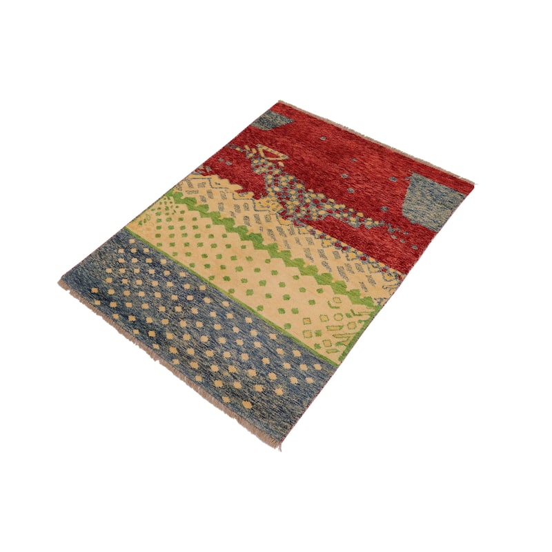 Contemporary Balochi Proctor Red/Blue Hand Knotted Wool Rug - 3'0'' x 4'11''