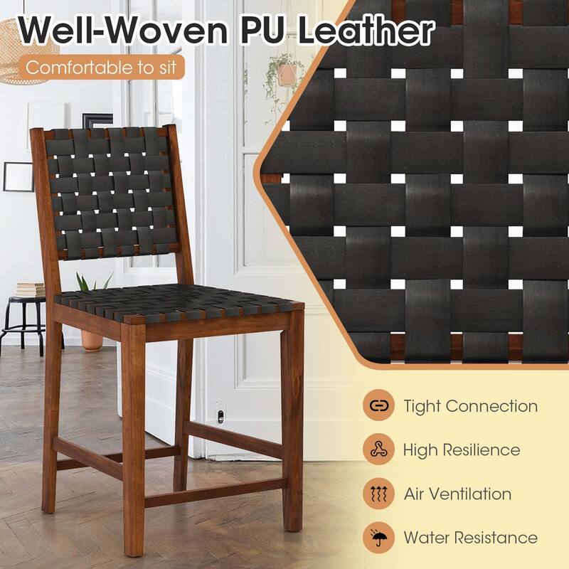 2 PCS Woven Bar Stools Counter Height Dining Chairs Faux PU Leather