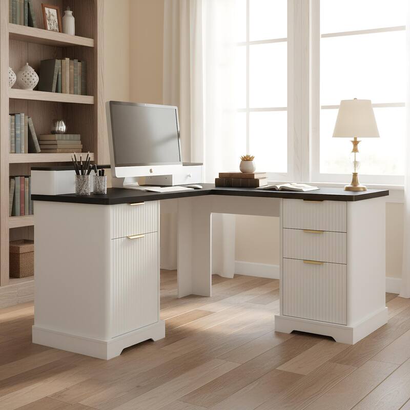 59” L Shaped Desk with Charging Station,Executive L Shaped Desk with Drawers and Storage Cabinet & Monitor Stand,Corner Desk