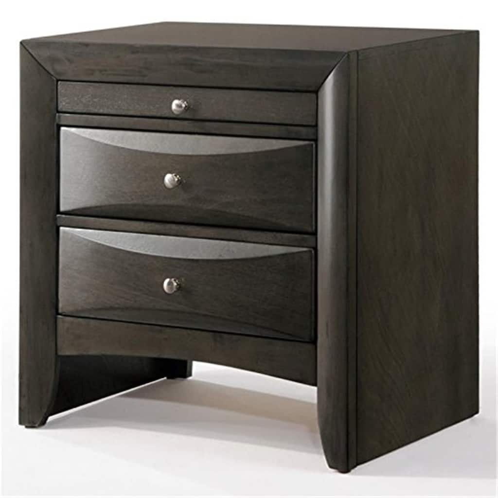 Gray Oak Nightstand with Two Drawers and Pull-Out Tray - Modern Bedside Storage Table