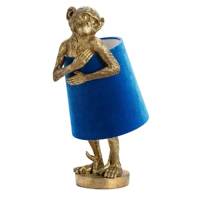 Chester Gold Monkey Table Lamp w/Blue Velvet Shade - 9 x 9 x 21.5