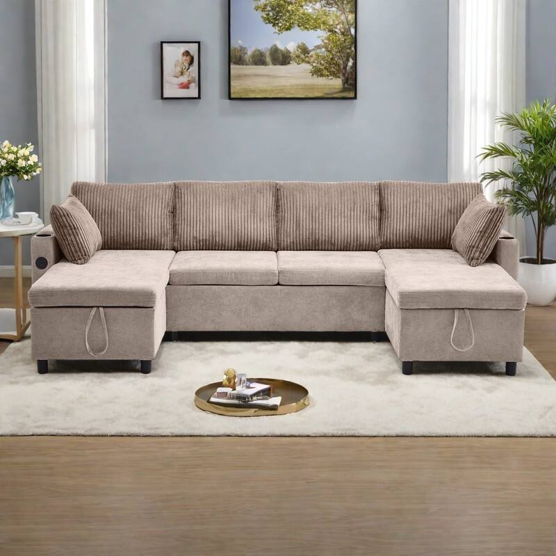 111.8" Chenille Sectional Sleeper Sofa U-Shaped Convertible Sofa Bed with Storage Chaise and USB Ports - Brown