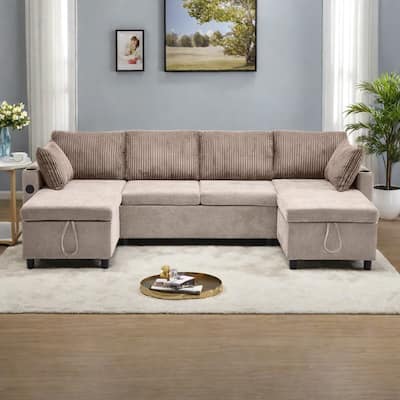 111.8" Chenille Sectional Sleeper Sofa U-Shaped Convertible Sofa Bed with Storage Chaise and USB Ports