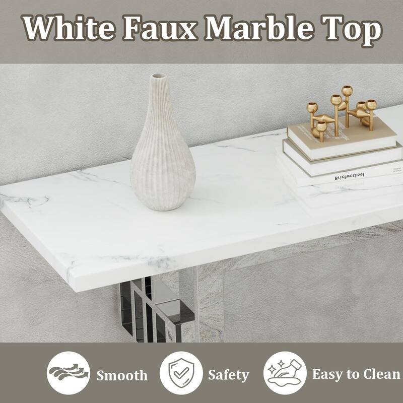 Modern Console Table 55 inch Sofa Table with High Gloss Top and Mirrored Metal Base for Entryway Living Room