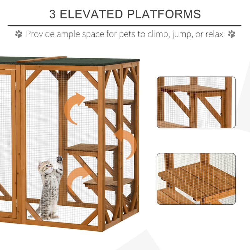 PawHut Wooden Outdoor Cat House Catio Kitten Enclosure Indoor Cage with Asphalt Roof, Multi-Level Platforms and Large Enter Door