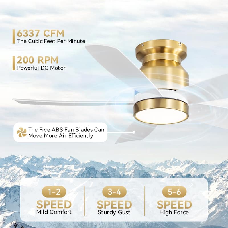 Sofucor 42 Inch Low Profile Flush Mount Ceiling Fan with Light, Remote Control, 5 ABS Blades,Reversible Quiet DC Motor