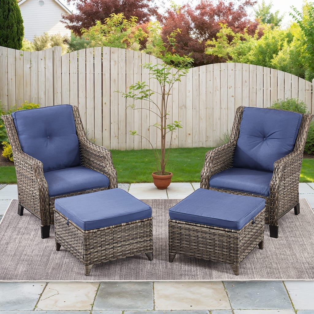 Wicker Patio Chairs with Ottomans and Cushions - Grey