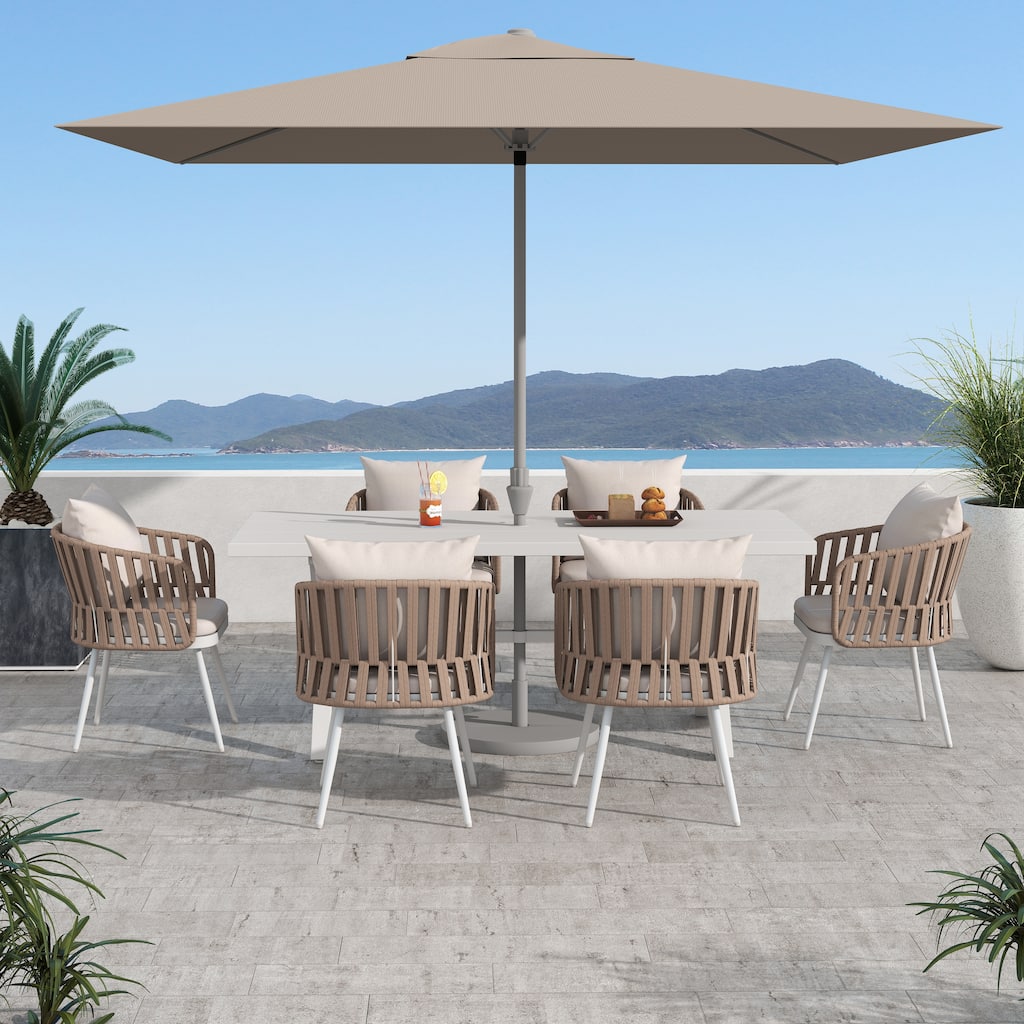 7-Piece Outdoor Dining Set Rope-Woven Arm Chairs and Dining Table with Umbrella Hole