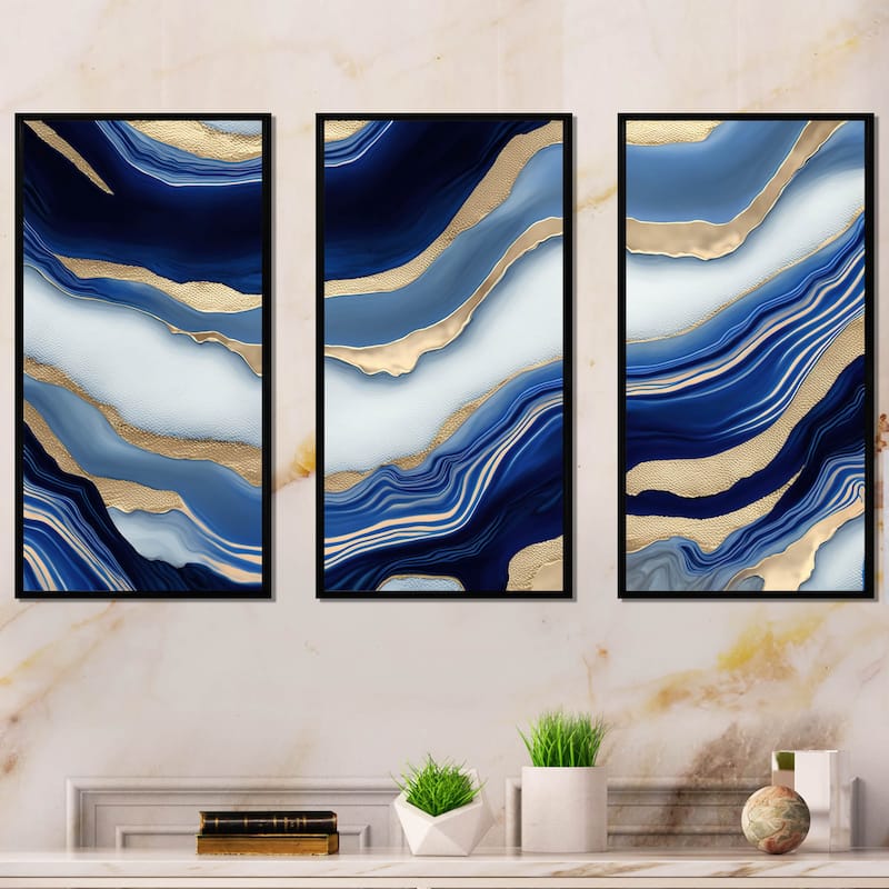Designart "Vibrant Blue And Gold Flow Art III" Transitional Framed Canvas Art Print - 3 Panels - 36 in. wide x 28 in. high - 3 Panels - Black