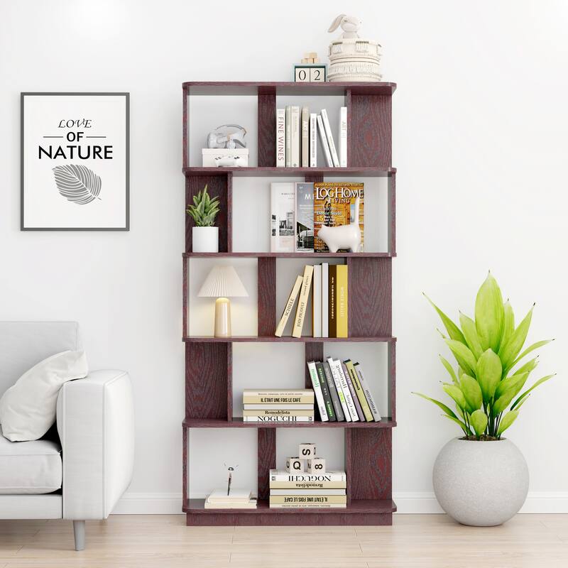 31.5"L X 64.56"H Free Combination Bookshelf Modern 5-Tier Open Storage Bookcase Mdf Wood Display Shelving, Media Storage Shelves - Ox Blood Red