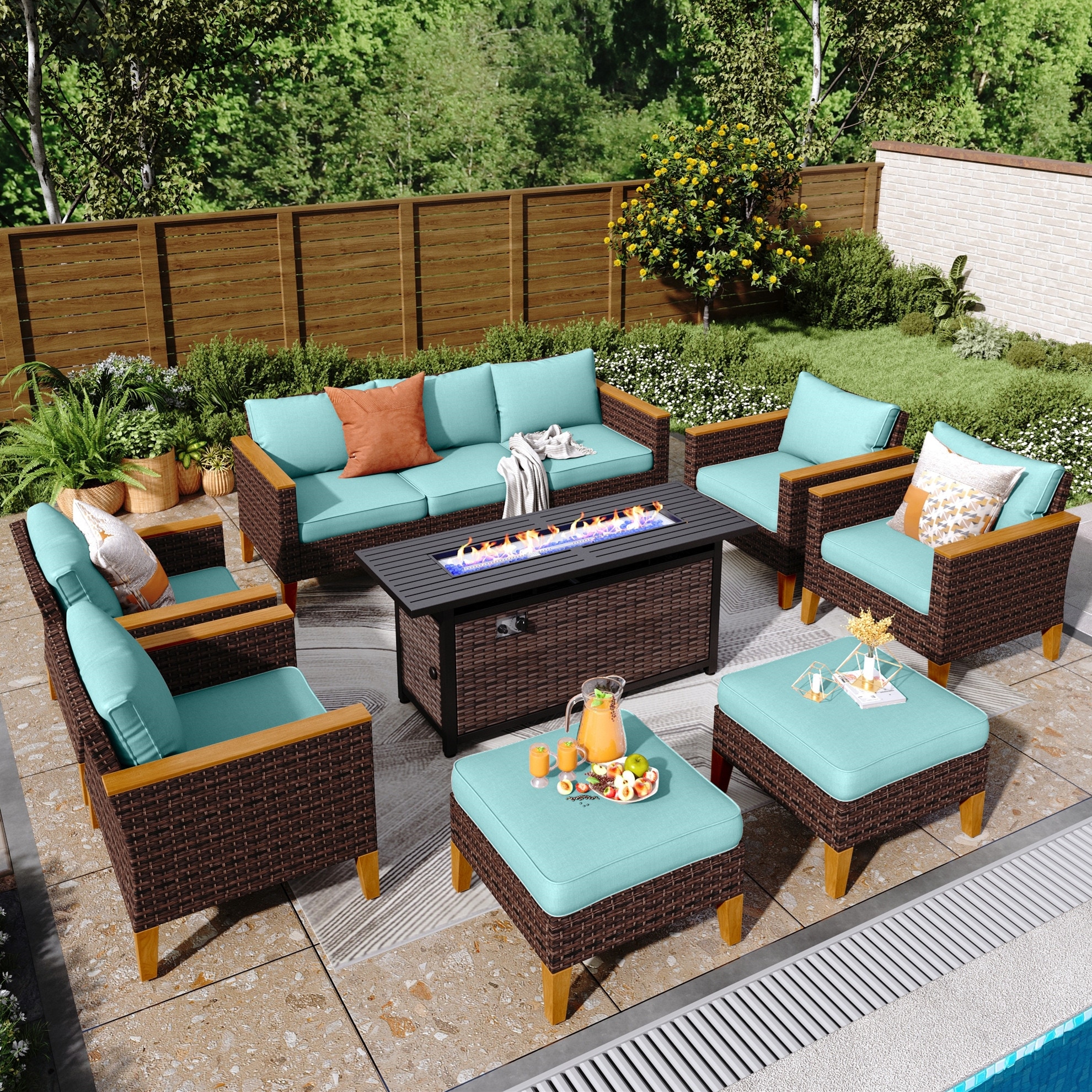 MAISON ARTS 8 Pieces Patio Outdoor Wicker Sectional Sofa Set, Large Seating Furniture Conversation Sets with Fire Pit Table