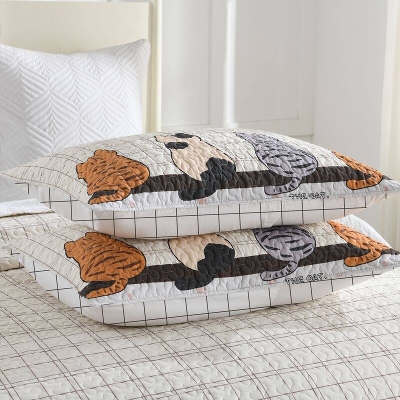 3 Pcs Cat Silhouette Checkered Quilt Bedspread Set