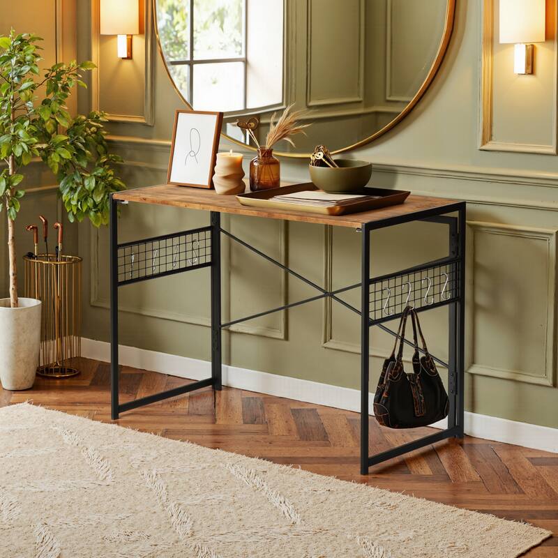 Homy Casa Modern Folding Desk with Black Metal Frame and Wood Top