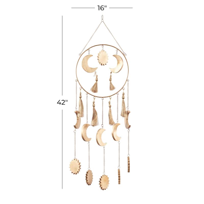 Mango Wood Sun and Moon Indoor Outdoor Windchime with Tassels - Gold - Roche River Decor
