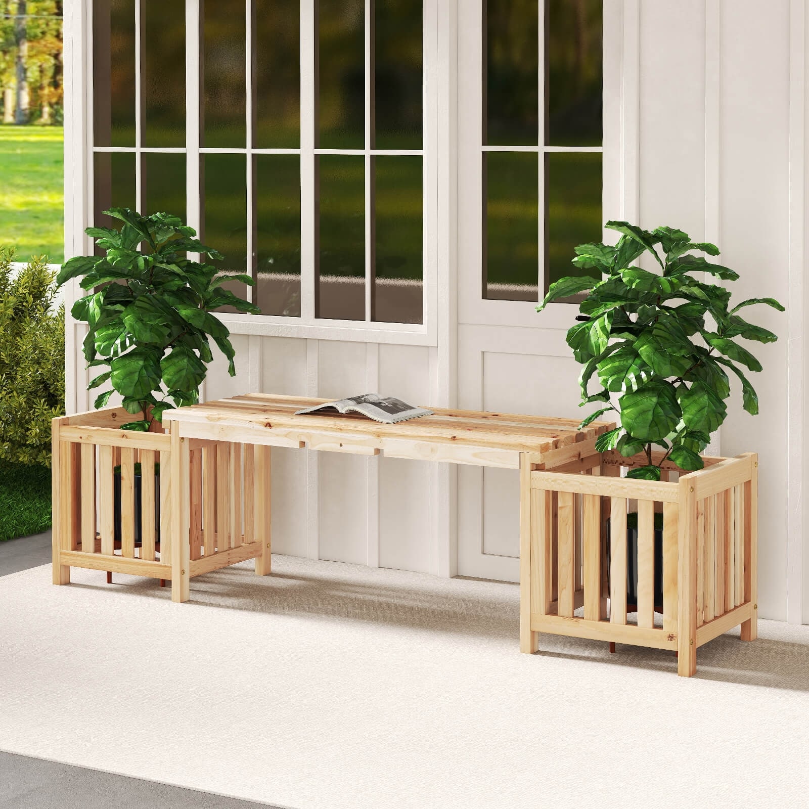 Costway Patio Wooden Bench with Planter 2 Side Flower Box Slot Design - See Details