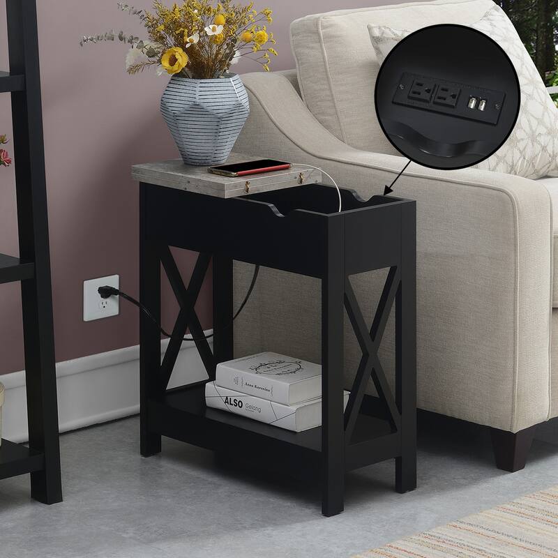 Convenience Concepts Oxford Flip Top End Table with Charging Station and Shelf - Faux Birch/Black