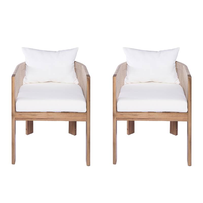 Roomfitters Matera Outdoor Acacia Wood Dining Chairs with Rope Back, Teak Finish and Beige Set of 2