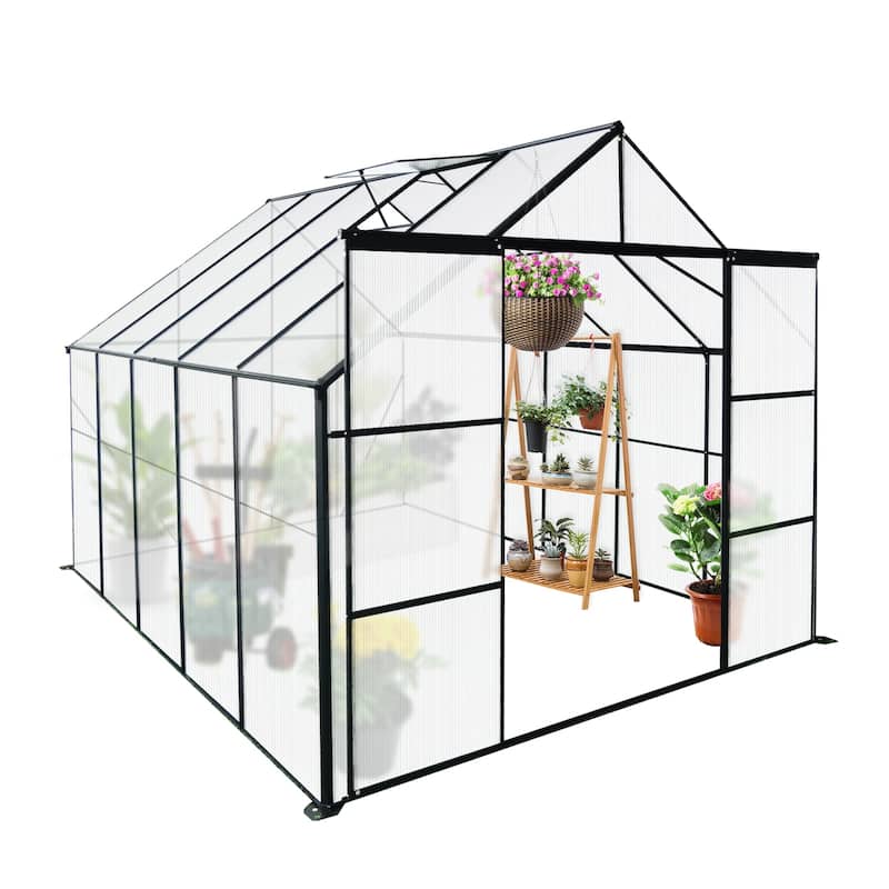 8x10FT Double Door Polycarbonate Greenhouse Raised Base and Anchor Aluminum Heavy Duty Walk-in Greenhouses for Outdoor Backyard