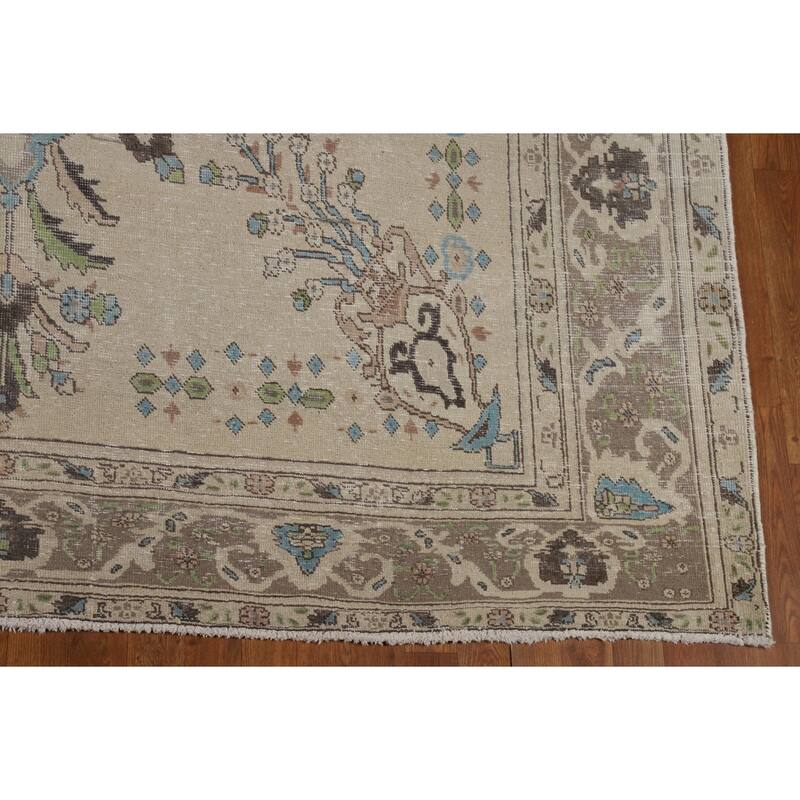 Floral Medallion Tabriz Persian Rug Hand-Knotted Beige Wool Carpet - 8'0"x 11'5"