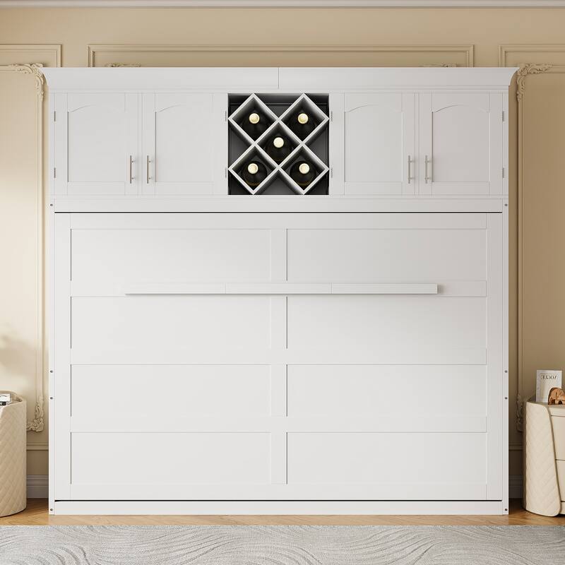 Queen Size Murphy Bed - Space-Saving Wall Bed Cabinet with Dual-Piston Mechanism, No Box Spring Needed - White