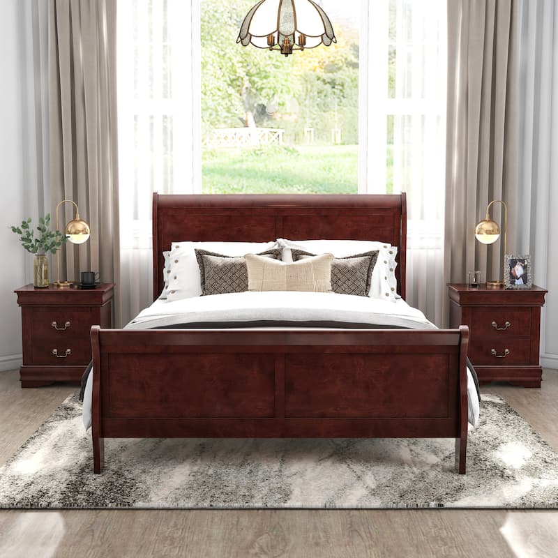 Furniture of America Mayday Traditional Solid Wood 3-Piece Bed and 2 Nightstand Bedroom Set - Cherry - Queen